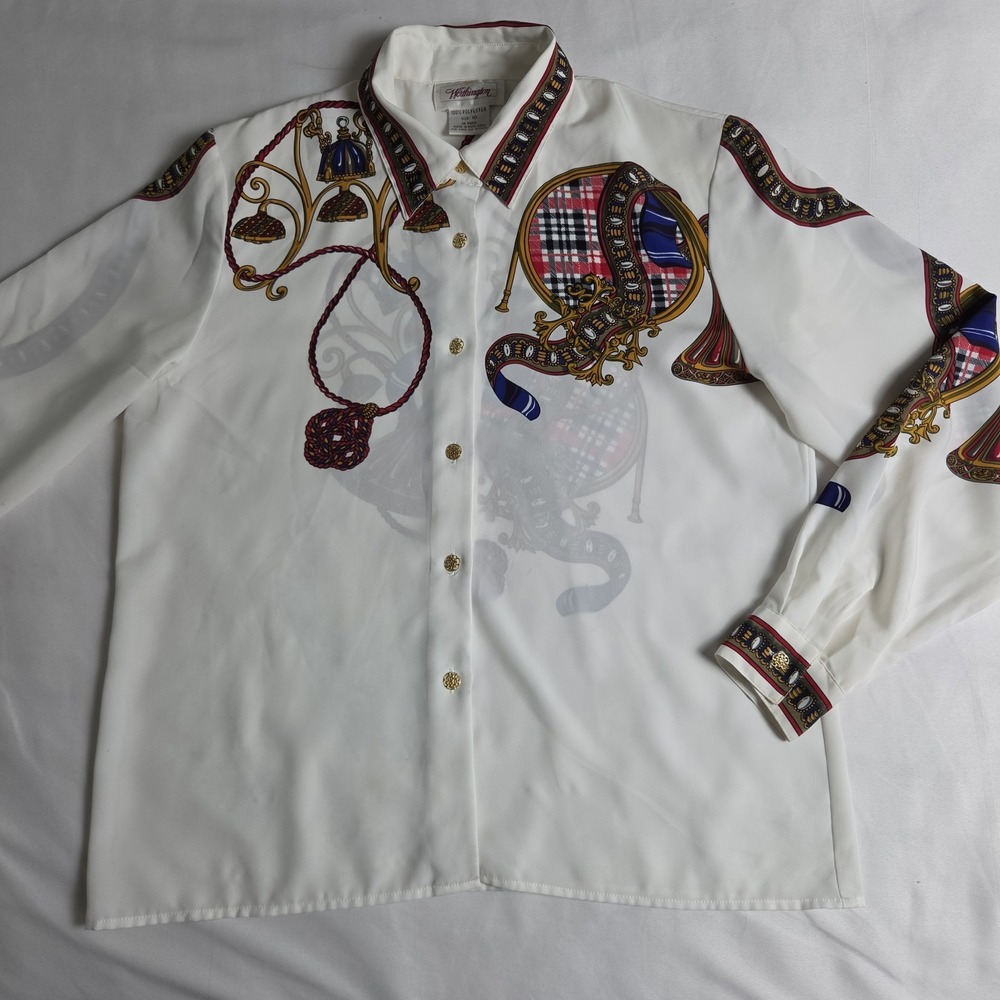 Vtg Worthington White Equestrian baroque scarf print Blouse Size 10